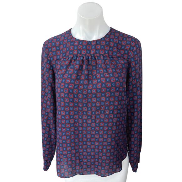 GAP Women's Blue Red Geometric Printed Long Sleeve Pleated Blouse Top Size XS - Picture 1 of 5